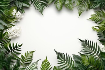Mockup frame, Fern leaves delicately embrace the corners of a rustic wooden frame layout, adding a natural touch. Generative AI
