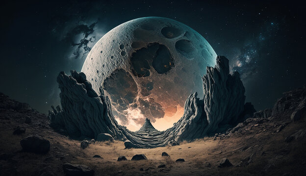 Fantasy scary haunted house design moon background image Ai generated art