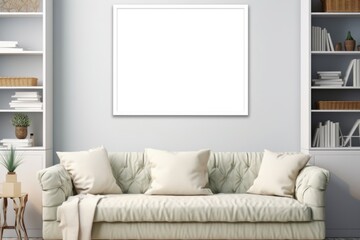 frame mockup on white wall. Modern living room design Generative AI
