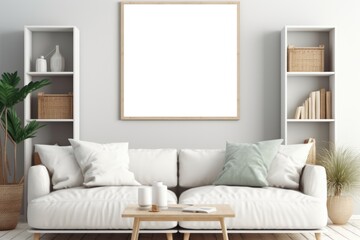 Fototapeta premium frame mockup on white wall. Modern living room design Generative AI