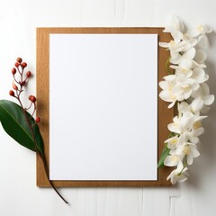 Mockup frame, A white mockup frame surrounds a kitchen scene with orchids against a clean white background, exuding a minimalist and modern aesthetic. Generative AI