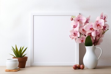 Mockup frame, A white frame complements a pristine white photograph, showcasing the allure of simplicity. Generative AI