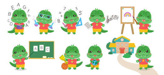 Obraz premium School children vector. Cute animal student character design for children book illustration, kids educational game, school stationery print, preschool or elementary school mascot. Kawaii crocodile.