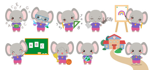 Back to school animal set. Kawaii elephant kid - student of elementary school. Cartoon cute character with school supplies. School clipart for children game, app, ads, stationery, sticker, animation.