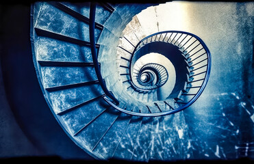 a spiral staircase, top view, minimalist, blue