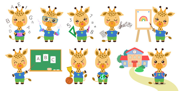 Back to school animal set. Kawaii giraffe kid - student of elementary school. Cartoon cute character with school supplies. School clipart for children game, app, ads, stationery, sticker, animation.
