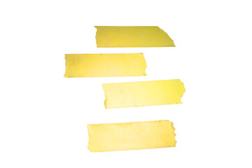 Set of yellow matte adhesive torn tape objects on transparent white background, Torn horizontal and different size sticky tape, adhesive pieces.