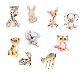 Watercolor hand drawn cute small baby animals set . Drawn watercolor illustration isolated on white background.
