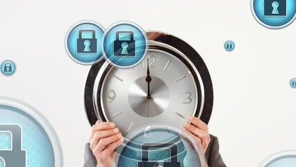 Animation of padlock icons over caucasian man holding clock ticking on white background - Powered by Adobe