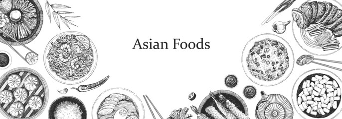 Asian Restaurant Menu. Hand-drawn illustration of dishes and products. Ink. Vector