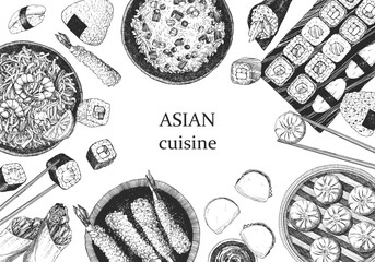 Asian Restaurant Menu. Hand-drawn illustration of dishes and products. Ink. Vector