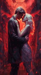 Passionate Kiss of a Demon Boy and Blonde Girl in a Dark Atmosphere AI Generated