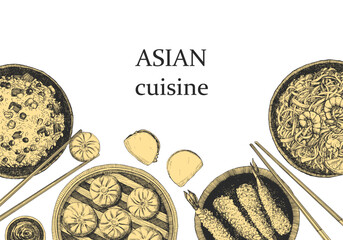 Asian Restaurant Menu. Hand-drawn illustration of dishes and products. Ink. Vector