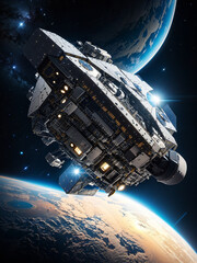 spaceship and planet HD 8K wallpaper Stock Photographic Image