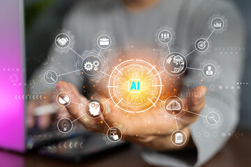Ai tech, businessman show virtual graphic Global Internet connect. Chat with AI. Artificial...
