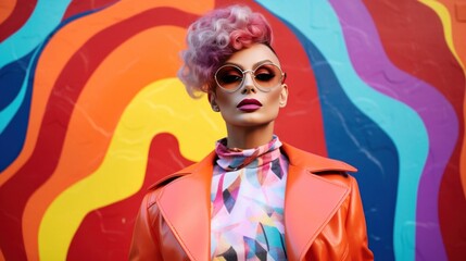 A woman in a colorful outfit and makeup posing in front of a colorful background.