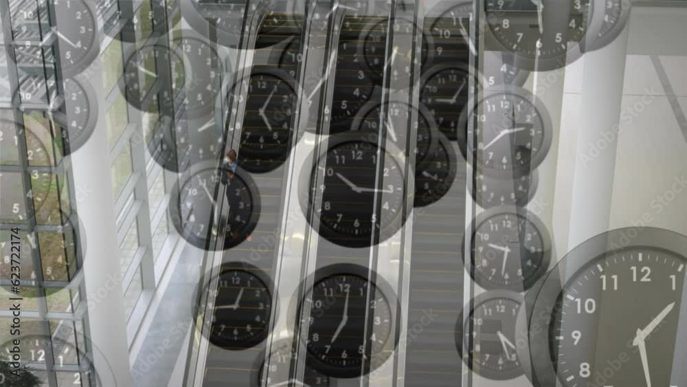 Poster animation of clocks ticking and data processing over escalators