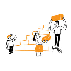 Parents are building a structure of stairs for their children to step up. happy giving family warmth.