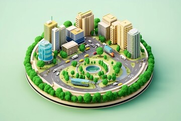 smart city concept with car and building and green tree with 3d low poly circular isometric illustration, generative AI - obrazy, fototapety, plakaty