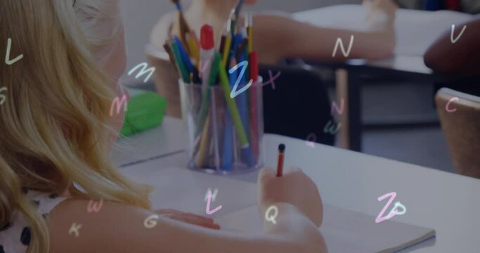 Animation of numbers over caucasian schoolgirl writing