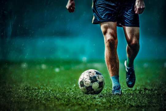 soccer player in blur shorts in field, close up, is raining