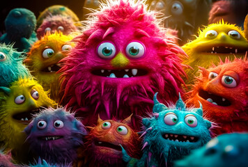 some colorful monsters are all togehter in the forest, cute, humorous