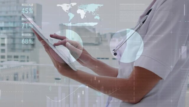 Animation of data processing over caucasian female doctor using tablet
