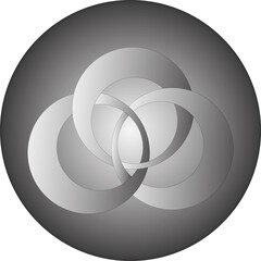Ilustracja przedstawiająca figurę składającą się z trzech przenikających się wzajemnie okręgów, umieszczonych w szarym kole.