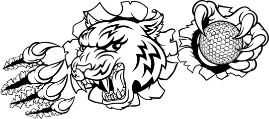 A tiger golf player cartoon animal sports mascot holding a ball in its claw