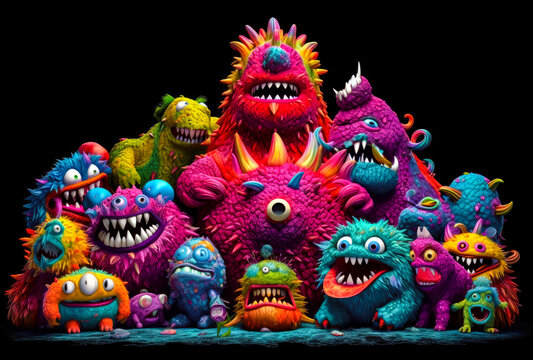 many colorful monster are sitting in front of a dark background, cute, humorous