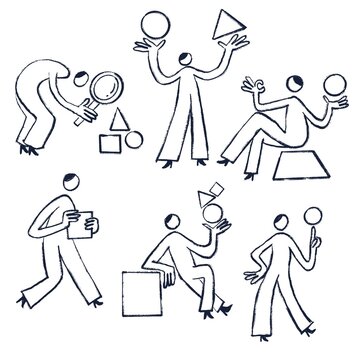 Series of Sketches of Characters interacting with geometrical Shapes Artwork