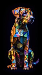 Stained Glass Dog on Dark Background. Generative AI
