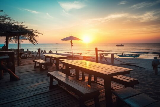Beach bar sunset outdoor. Generate Ai