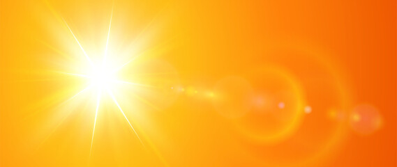 Sunny background, orange sun with lens flare, hot weather concept summer illustration.
