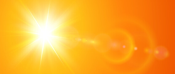 Obraz premium Sunny background, orange sun with lens flare, hot weather concept summer illustration.