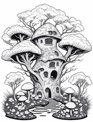 Black and white funny fantasy mushroom house, coloring book page illustration.
