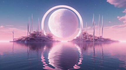 Abstract neon background with super moon and circle shape, Beautiful frame and extraterrestrial landscape under the night sky and Rocks. Futuristic technology minimalist background. Generative AI.