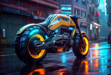 a new mt bike in the rain, cyberpunk style, in the city, future concept