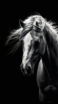 Majestic Black and White Horse on Dark Background. Generative AI