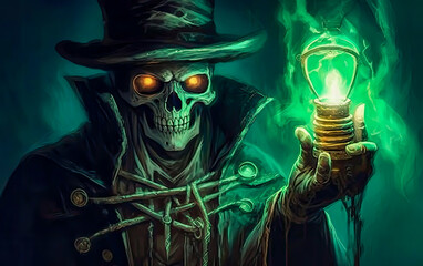 a skeleton in the dark has a flashlight in his hand, scary, darkness, criature