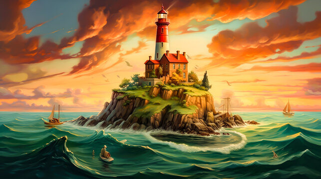 a painting of a lighthouse in a island and clouds over the water