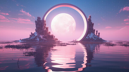 Naklejka na ściany i meble Abstract neon background with super moon and circle shape, Beautiful frame and extraterrestrial landscape under the night sky and Rocks. Futuristic technology minimalist background. Generative AI.
