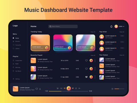 Music dashboard website template editable and vector