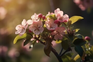 Fototapeta na wymiar Blossoming apple tree leaf. Generate Ai