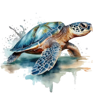 Sea turtle on the beach watercolor illustration, underwater animal, wildlife ocean theme design created with Generative AI. 