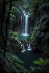 Majestic waterfall surrounded by lush greenery
