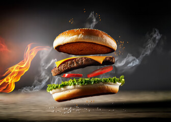 Tasty Dynamic Flame Grilled CheeseBurger for a restaurant Advertisement, Template, or Banner. Generative.