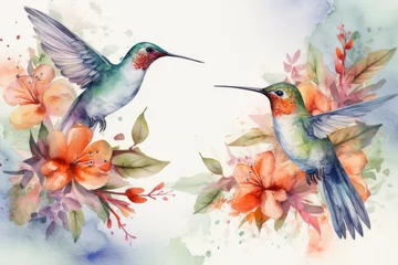 Fotobehang Kolibrie Watercolor hummingbirds floral. Generate Ai