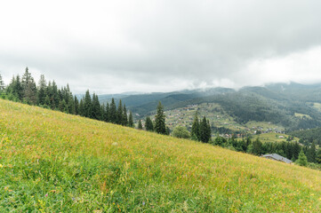 Green Ukrainian mountains. Summer time. Beautiful views of the largest peaks.