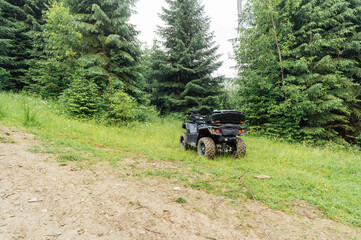 Fototapeta na wymiar Photo of the lost ATV among the coniferous forest in the mountains